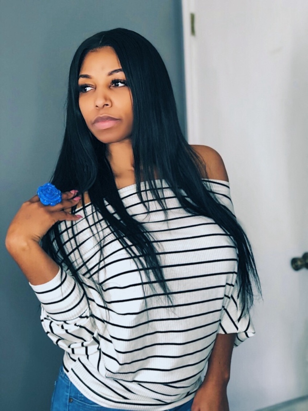 Striped Off-Shoulder Long Sleeve Top - White & Navy